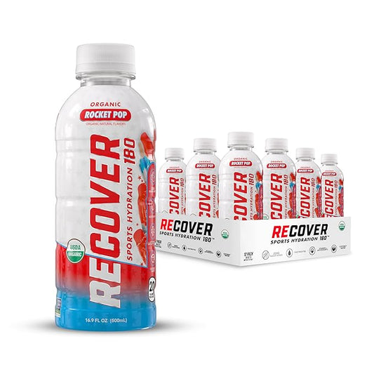 RECOVER 180 Organic Sports Hydration Drink, No Sugar Added, 20 Calorie Sports Beverage, Organic Flavors With Vitamins, Potassium-Packed Electrolytes (16.9 Fl Oz (Pack of 12), Rocket Pop)