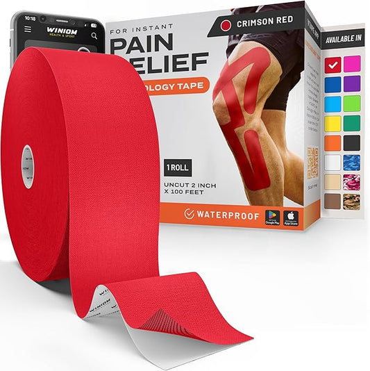 Kinesiology Tape-Incredible Support for Athletic Sports and Recovery + Free Taping Guide-Uncut 2 inch 100 feet Roll (Crimson Red + Free Taping Guide, Pack of 1)