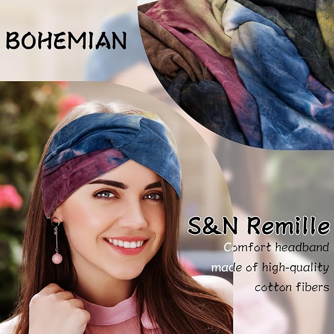 S&N Remille Wide Headbands for Women, Large Hairband, Elastic Non-Slip Headband Twist Knotted Accessories, Yoga Workout Vintage Hair 3 Pack (Colour-4)