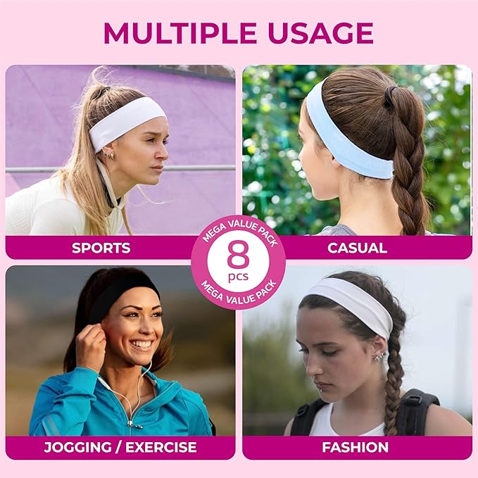 8 PCS Sport Headbands for Women, Non-Slip Hair Bands, 7 centimeters, Multi, Polyester - Hair Warp for Women's Daily Workout Yoga Running and Sports