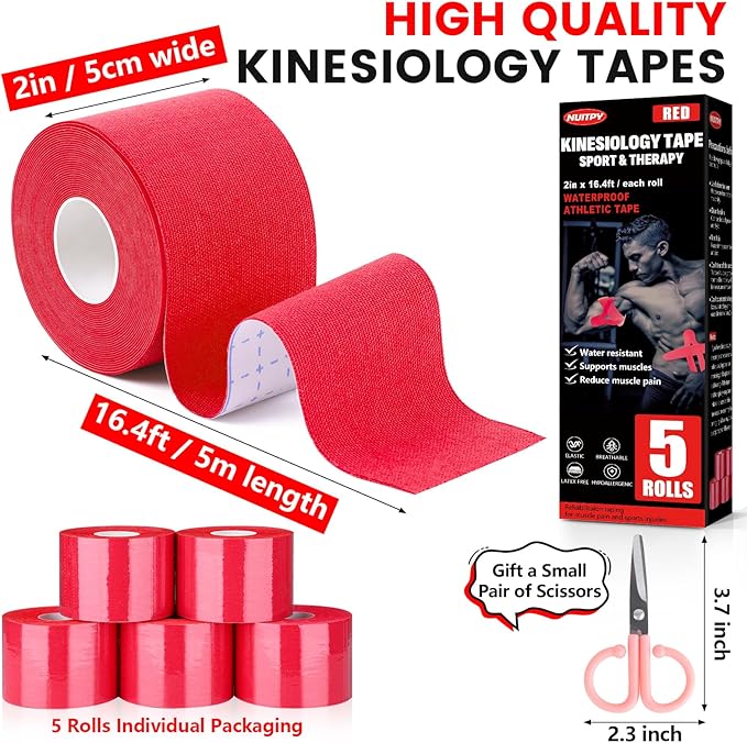 5 Rolls Kinesiology Tape, 2 inch x 16.4 Feet Waterproof Athletic Tape, Uncut Kinetic Tape, Muscle Tape, Sports Tape, Knee Tape for Exercise and Daily Use - Red