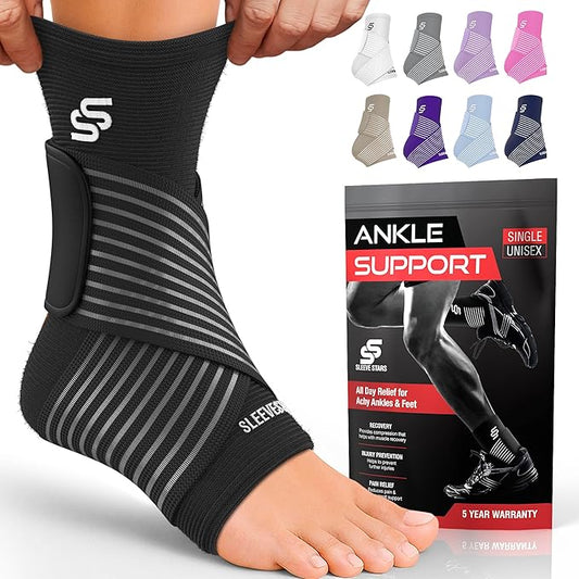 Sleeve Stars Ankle Brace for Women & Men, Ankle Wrap for Sprained Ankle, Compression Sleeve for Plantar Fasciitis Relief, Easy Customizable Support: w/Removable Strap (Single/L:12"-13"/Black)