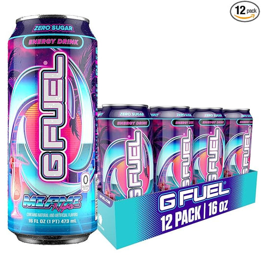 G Fuel Energy Drink, Strawberry Pina Colada, Sugar Free Beverage with 140mg Caffeine, Daily Energy Boost with Focus Amino, Vitamin + Antioxidants, 16 oz Cans (Miami Nights, 12-Pack)