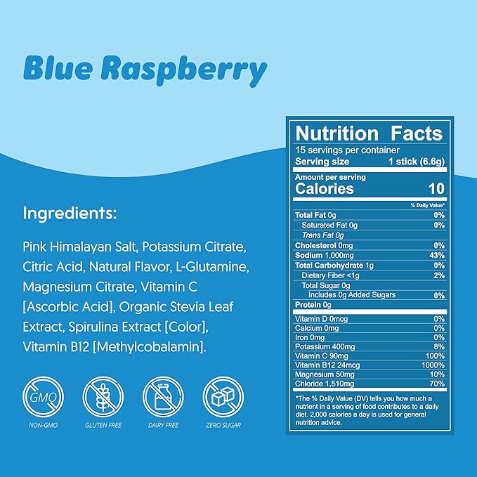 Waterboy Workout Hydration | 2,960mg Sugar Free Electrolyte Powder Packets | L-Glutamine + Vitamins | No Sugar, All Natural, Gluten Free | 15 Drink Stick Mixes (Blue Raspberry)