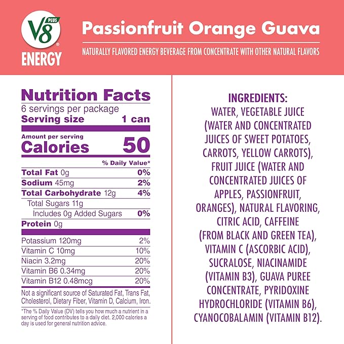 V8 +Energy Passionfruit Orange Guava Juice Energy Drink, 8 fl oz Can (6 Pack)