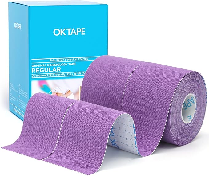 OK TAPE Regular Original Cotton Kinesiology Tape (2 Pack), Elastic Water Resistant Therapeutic Athletic Tape, Latex Free, Injury Recovery, Uncut K Tape 2in×16.4ft - Purple
