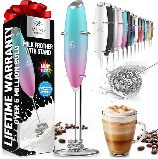 Zulay Kitchen Tornado Milk Frother Handheld Wand – Electric Coffee Frother with Triple Whisk & Stand – Hand Held Drink Mixer for Latte, Cappuccino, Matcha, Hot Chocolate, Protein Shakes – Pink Fade