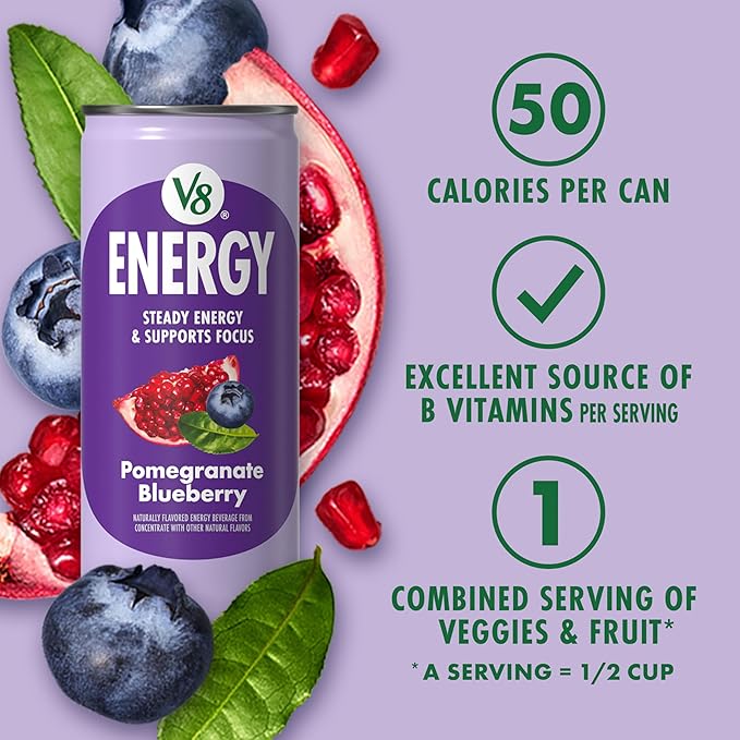 V8 Energy Pomegranate Blueberry Energy Drink, 8 fl oz Can (24 Pack)