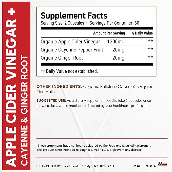Organic Apple Cider Vinegar Capsules 1200mg – Supports Metabolism, Detox, Digestion, Gut Health – USDA Organic Apple Cider Vinegar Pills with Cayenne Pepper & Ginger Root – 120 Caps – by Forest Leaf