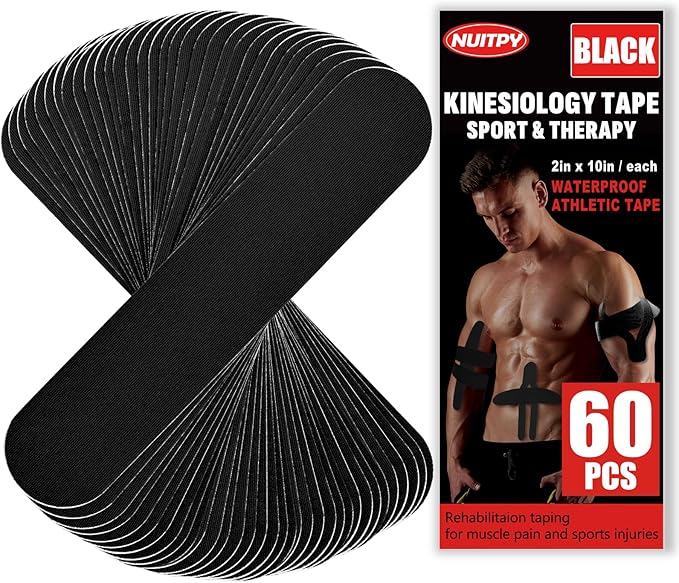 60PCS Precut Kinesiology Tape Strips, 2 inch x 10 inch Athletic Tape, Kinetic Tape, Elastic Muscle Tape, Sports Tape, Knee Tape for Exercise and Daily Use - Black