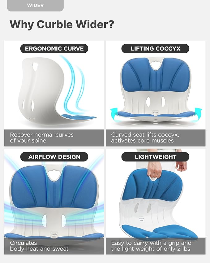 Curble Wider(Standard Wide) – Ergonomic Back Support Chair, Lumbar Support for Posture Correction, Back Pain Relief, Per for Office, Floor Seat & Work from Home, Patented (Blue)