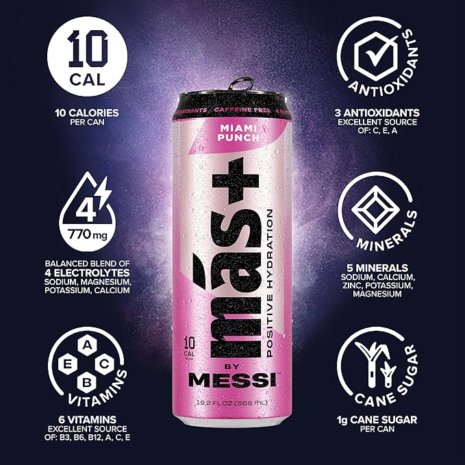 Más+ By Messi 19.2oz Miami Punch Sports Drink & Hydration Beverage, Natural Flavors with Vitamins and Electrolytes, No Artificial Sweeteners or Colors, 12-pack