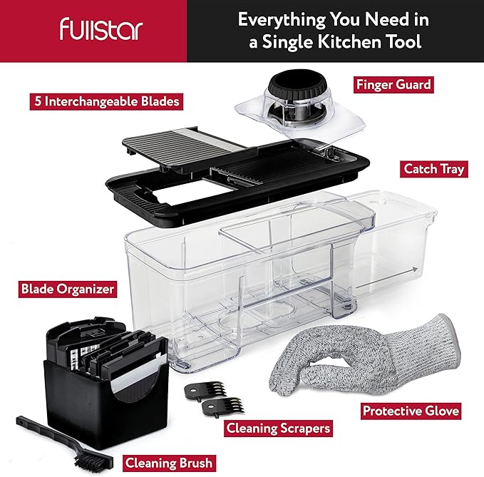 Fullstar All-in-1 Vegetable Chopper and Mandoline Slicer for Kitchen - Cheese Grater, French Fry Cutter, Cheese Slicer - Bonus Handheld Spiralizer Included (6 in 1, Black)