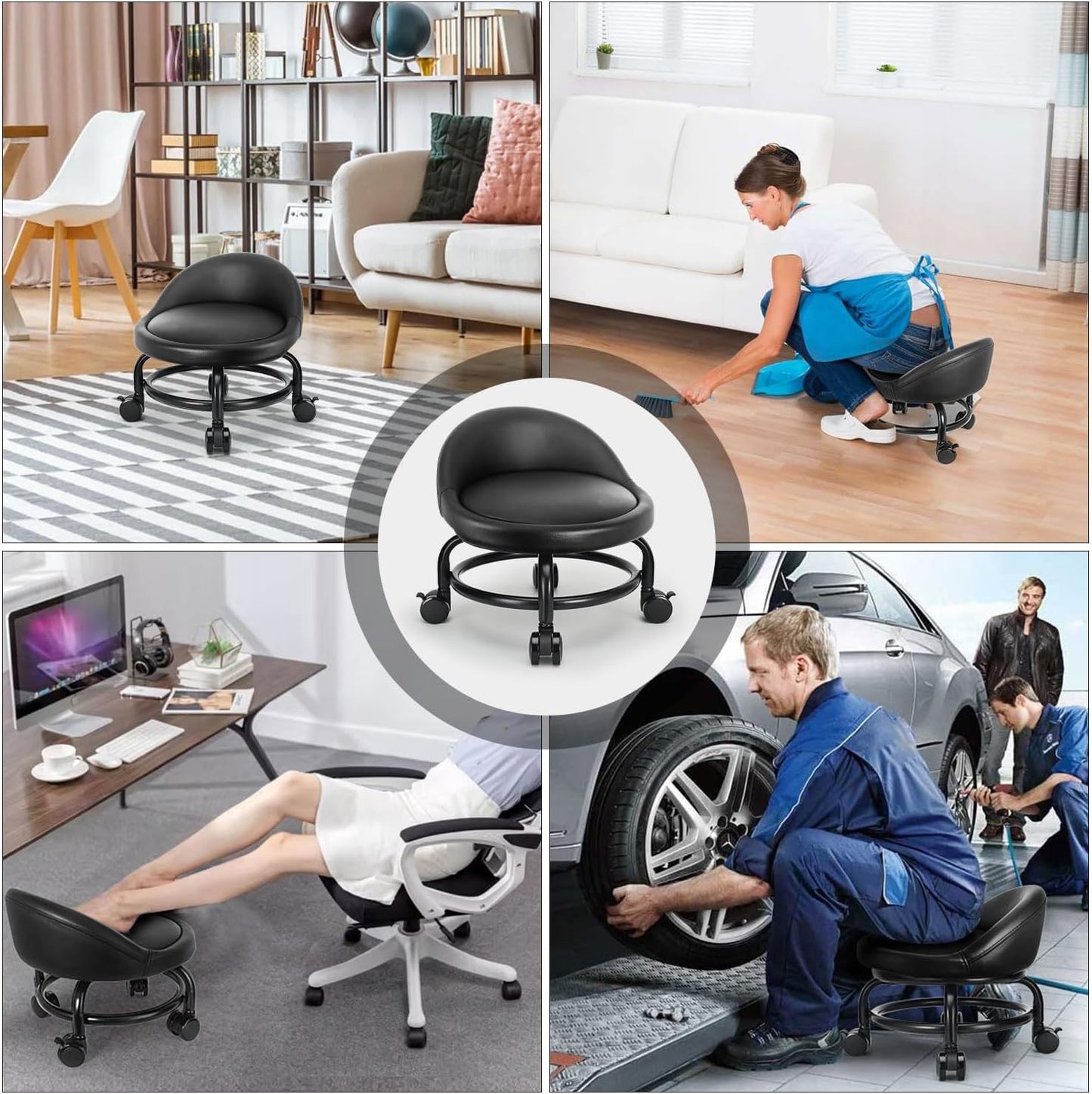 Rolling Stool with Backrest Low Height Rolling Stools, Low Roller Stool Chair, Roller Seats for Home, Office, Garage, Shop, Library