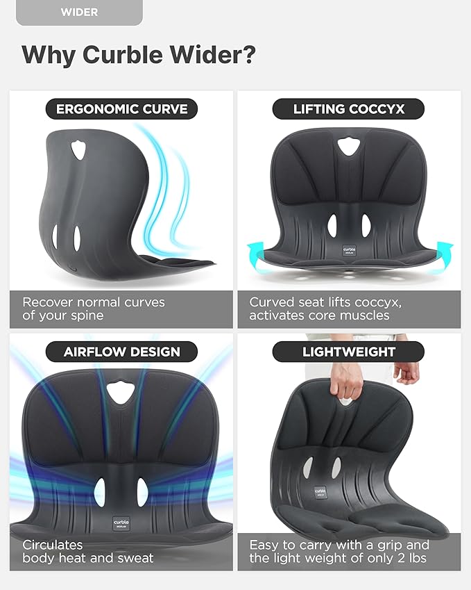 Curble Wider(Standard Wide) – Ergonomic Lower Back Support, Lumbar Support Back Posture Corrector for Low Back Pain Relief, Perfect for Home Office Desk Chair, and Floor Seat, Patented (Black)
