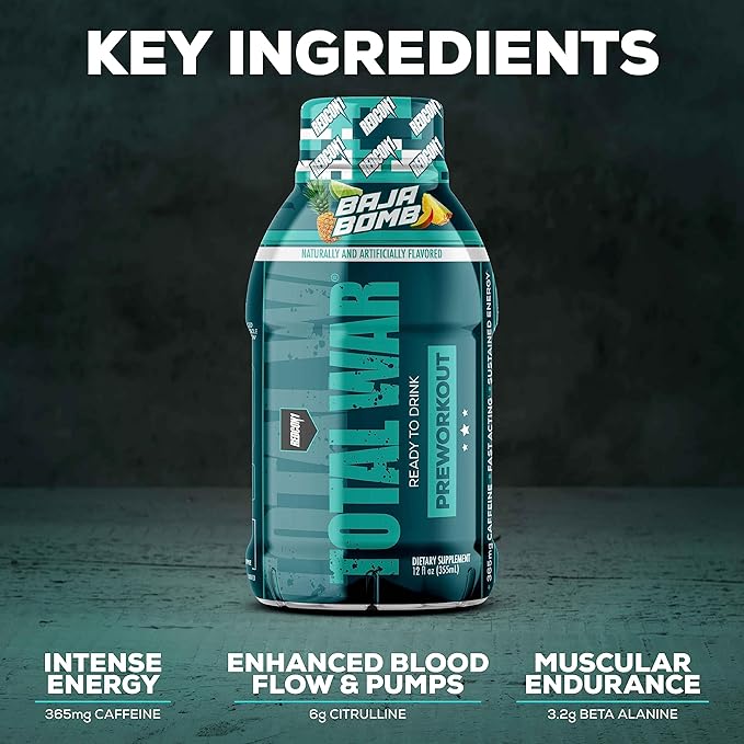 REDCON1 Total War Ready to Drink Preworkout, Baja Bomb - 350mg of Fast Acting RTD Caffeine - Beta Alanine + Citrulline Malate for Increased Pump (12 Servings)