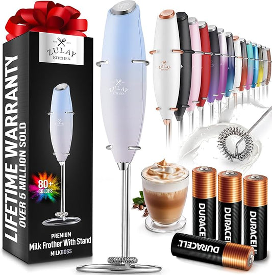 Zulay Powerful Milk Frother (4 Duracell Batteries Included) - Handheld Milk Frother Wand Drink Mixer for Coffee - Powerful Milk Foamer for Cappuccino, Frappe, Matcha & Coffee Creamer - Cloud