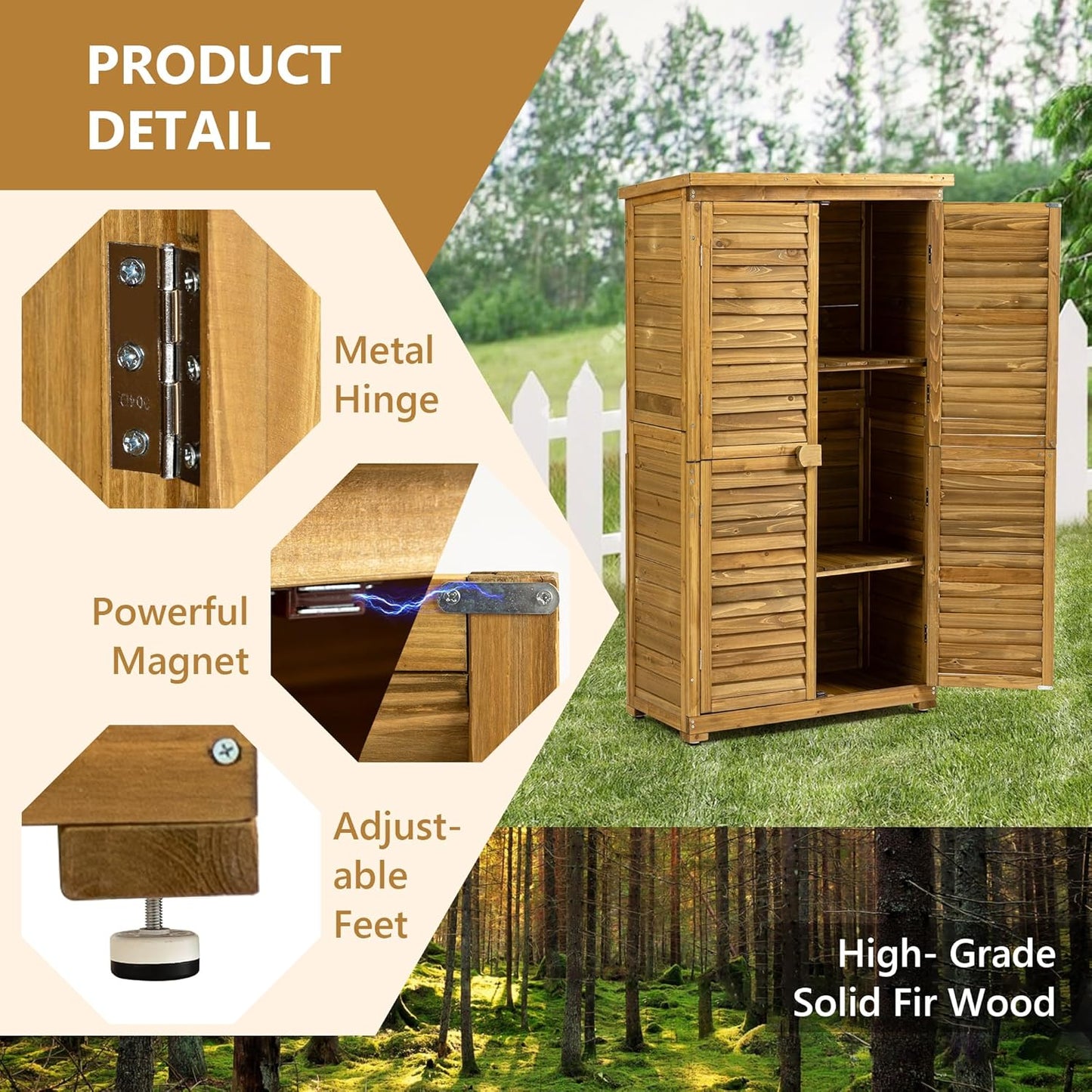 63 "H x 34.25 "L x 18.5 "W Vertical Garden Shed for Patio,Outdoor Wooden Storage Cabinet with Waterproof Roof, 2 Removable Shelves, and Adjustable Feet, Yard, and Garage,Natural Wood