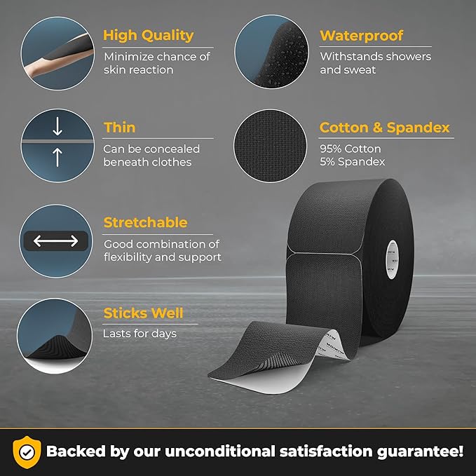 Kinesiology Tape-Incredible Support for Athletic Sports and Recovery + Free Taping Guide - Pre-Cut 2 inch 50 feet (Midnight Black + Free Taping Guide, 1 Pack)
