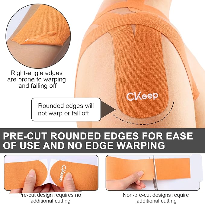 CKeep Kinesiology Tape, 2 Rolls Cotton Latex Free Hypoallergenic Elastic Precut Strips, 2 Inch Wide Waterproof Athletic Tape for Knees Pain Injuries Sprains, Orange