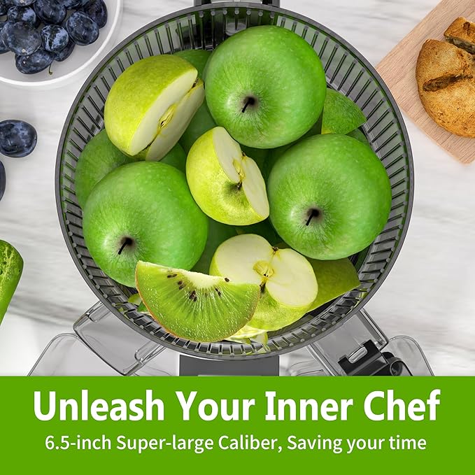 Cold Press Juicer – Hands-Free Electric Masticating Juicer Machine with 6.5" Large Feed Chute, 350W Masticating Juicer Machine For More Juice, Less Pulp, High Juice Yield – Easy Cleanup & Assembly