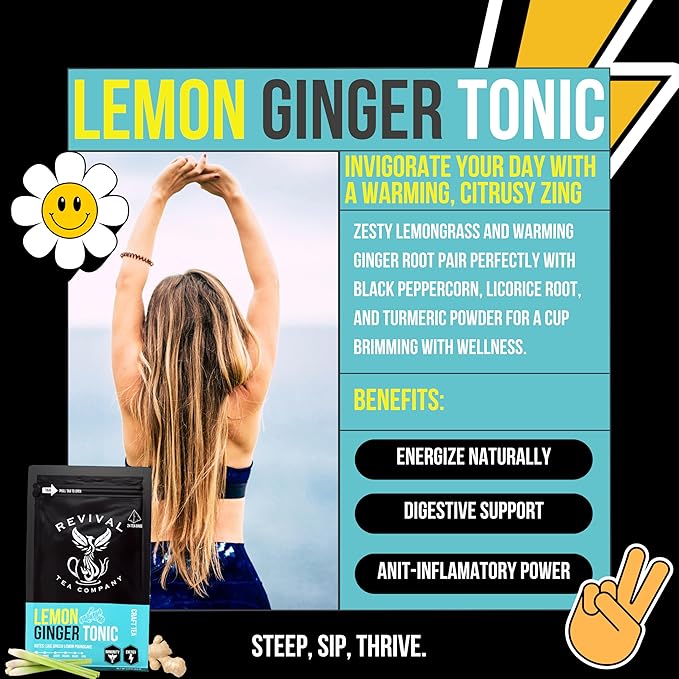 Revival Tea Company Lemon Ginger Tonic - Caffeine Free Tea Blend with Lemongrass and - Loose Leaf 5 Ounces