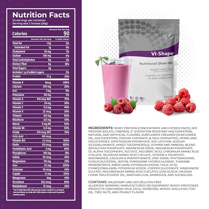 Vi-Shape Raspberry Super Biotin 1 Shake Pouch (24 Servings) + 1 Box Raspberry Mix-in (15 Servings) Delicious ViShape Shake with Strawberry Mix-in
