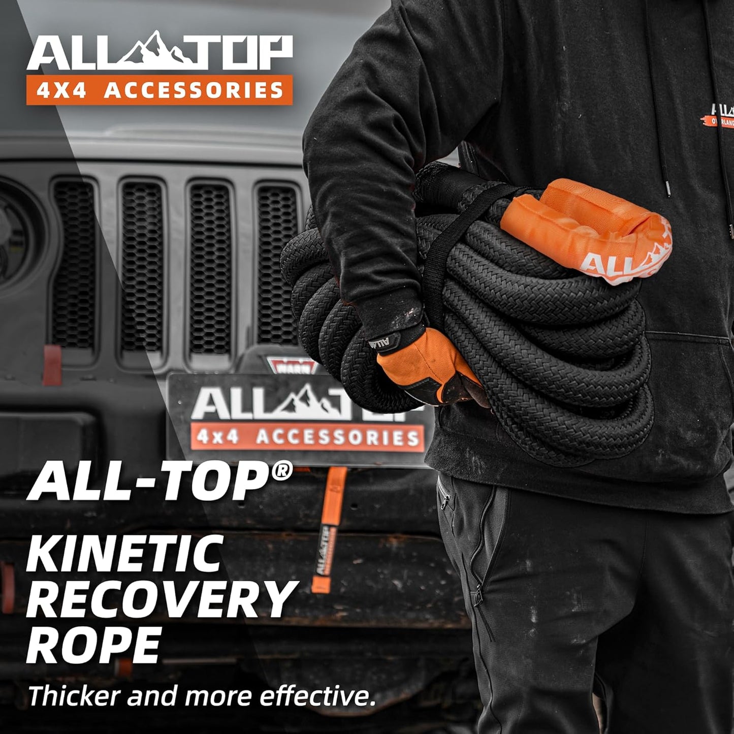 ALL-TOP Kinetic Recovery Rope Kit w/ 2 Soft Shackles, 83000Lbs, 1.5in x 30ft, Heavy Duty 30+% Elasticity, 27600Lbs Work Load Limit for 4x4 Offroad Vehicle(Black)