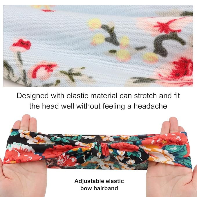 DRESHOW 8 Pack Adjustable Knotted Headbands Cotton Elastic Non Slip Hair Bands Floral Yoga Headbands for Women and Girls