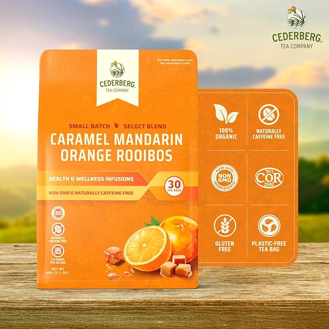 Cederberg Tea Company Caramel Mandarin Orange Rooibos Tea Bags - Made with Organic Red Rooibos Tea, South African Herbal Tea, Naturally Caffeine Free Tea, Small Batch - Select Blend Non-GMO, Premium Leaf, Antioxidant-Rich, 30 Count