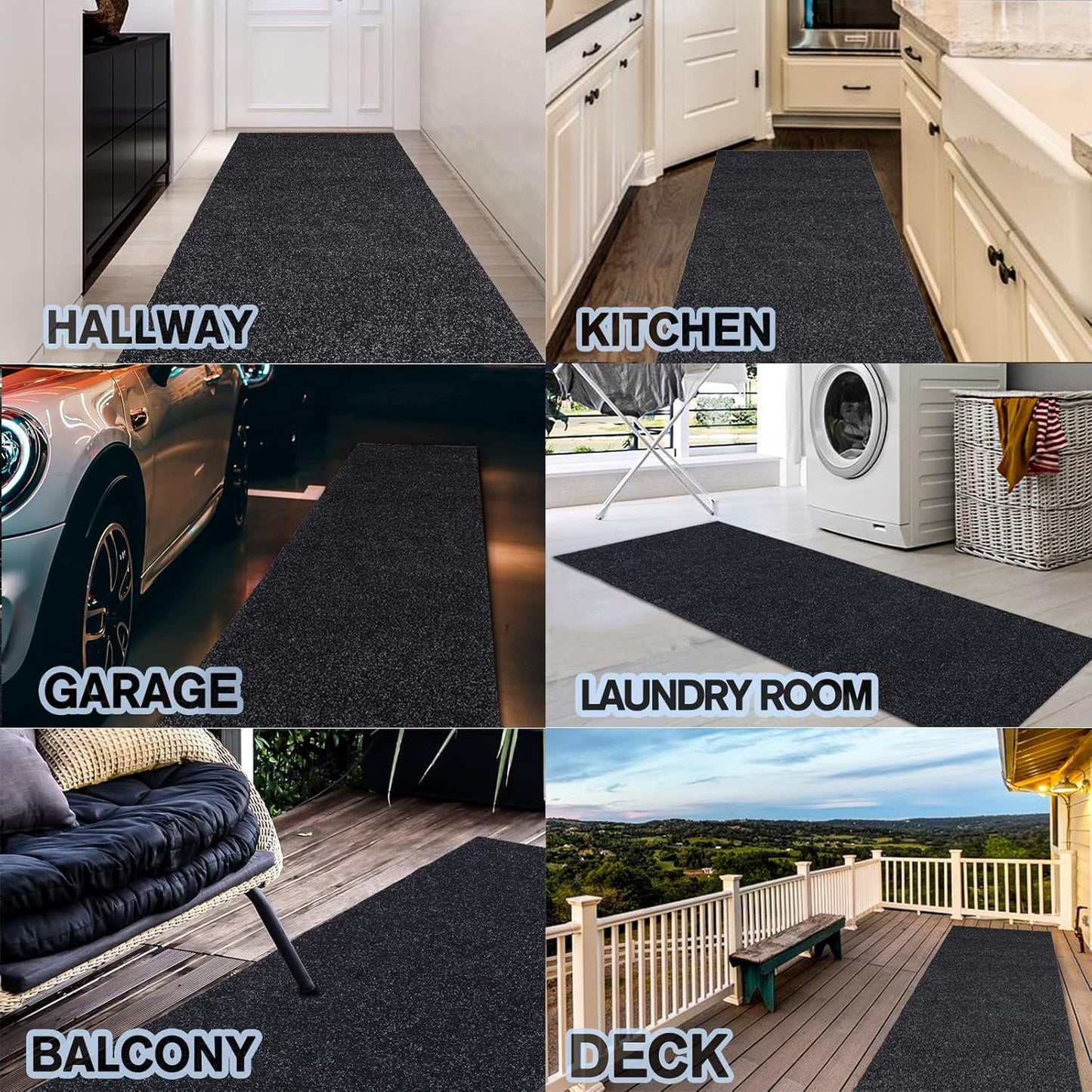 Custom Size Backed Non-Slip Area Rugs Runner, Easy Clean, Waterproof Runner Rugs for Hallway Entryway, Kitchen, Laundry, 3FT x 17FT, Black