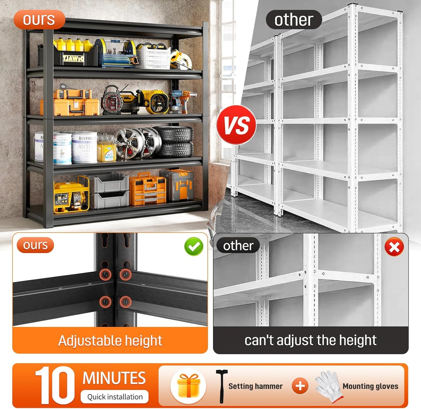 59" W Garage Shelving Unit, Garage Storage Shelves 3000LBS Heavy Duty Shelving, Adjustable 5 Tier Metal Shelves Utility Shelf, Storage Rack for Industrial, Warehouse, Basement (19.6" D*59" W*72" H)