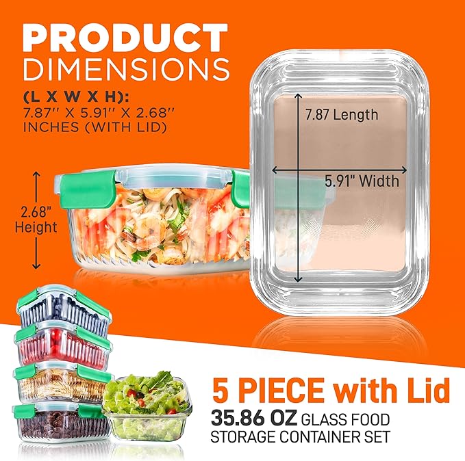 NutriChef 10-Piece Superior Glass Food Storage Containers Set (5 Containers + 5 Locking Lids),Stackable Meal-prep Design, BPA-free Airtight Clear Locking lids with Vent Lids & Air Hole, Wave