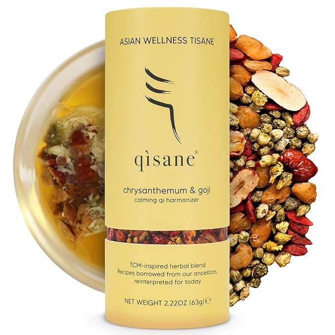 qìsane Chrysanthemum Tea Bags with Organic Dried Goji Berries - Dried Chrysanthemum Flowers, Dried Longan Fruit & Jujube Dates - Herbal Tea to Support Calmness & Well-Being - 10 sachets (~30 cups)