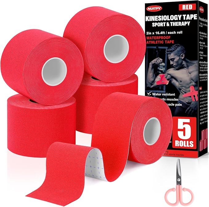 5 Rolls Kinesiology Tape, 2 inch x 16.4 Feet Waterproof Athletic Tape, Uncut Kinetic Tape, Muscle Tape, Sports Tape, Knee Tape for Exercise and Daily Use - Red
