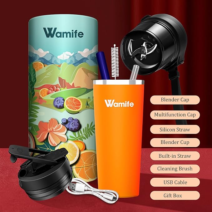 Wamife Portable Blender 16 oz personal blender-for Portable Blender for Shakes and Smoothies,USB-C Rechargeable,Durable Stainless Steel Blades for Powerful Blending Performance,for office gym-Orange