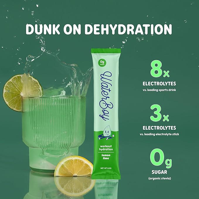 Waterboy Workout Hydration | 2,960mg Sugar Free Electrolyte Powder Packets | L-Glutamine + Vitamins | No Sugar, All Natural, Gluten Free | 15 Drink Stick Mixes (Lemon Lime)