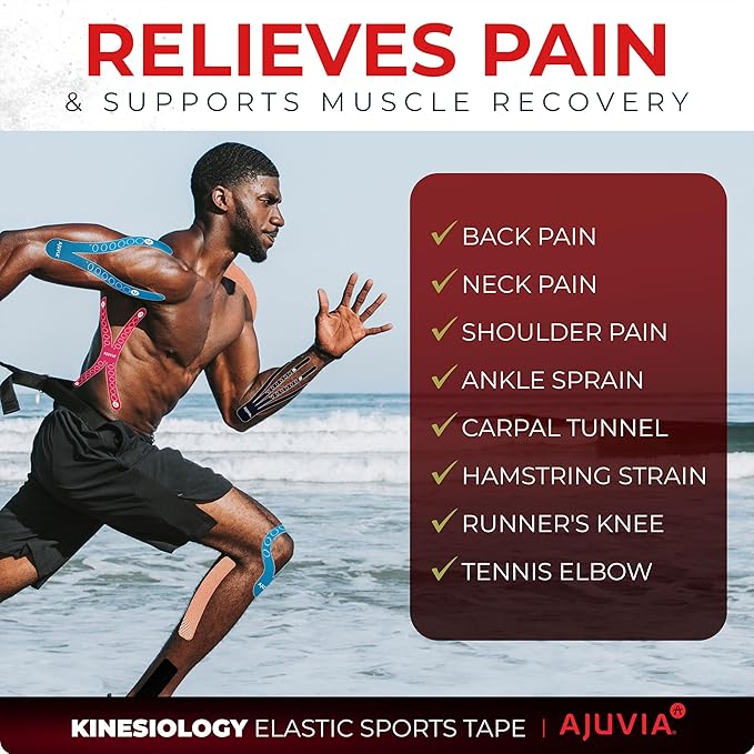 AJUVIA Synthetic Kinesiology Tape, Lasts up to 14 Days, Hypoallergenic Precut K Tape Elastic Bandages for Muscle Pain Relief and Joint Support - 10" x 2" (1 Envelope, 3 Colors, 6 Pieces)