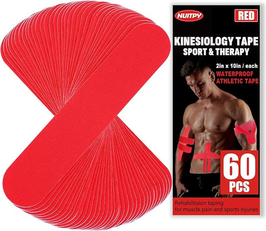 60PCS Precut Kinesiology Tape Strips, 2 inch x 10 inch Athletic Tape, Kinetic Tape, Elastic Muscle Tape, Sports Tape, Knee Tape for Exercise and Daily Use - Red
