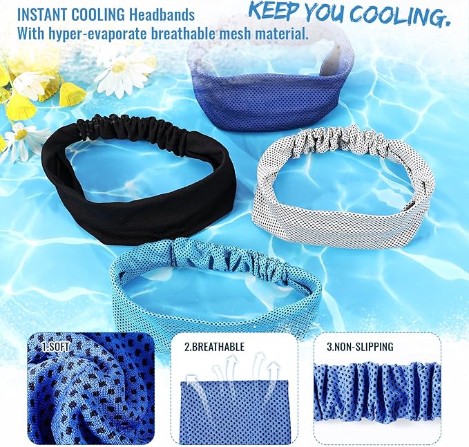 Coume 4 Pcs Cooling Headbands for Women Men Sweat Absorbing Headbands Stretchy Sports Hair Bands for Running, Yoga, Golf, Camping, Biking, Tennis