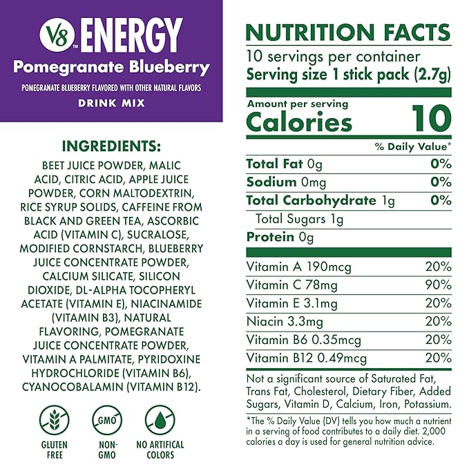 V8 Energy Pomegranate Blueberry Energy Drink Powder, .10 oz Packet (120 Count)