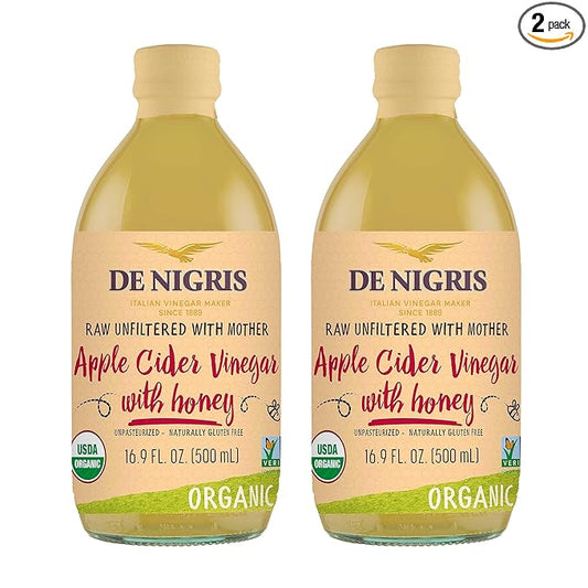 De Nigris Organic Apple Cider Vinegar With Honey Raw & Unfiltered 16,9 Oz (Pack of 2) | Apple Cider Vinegar With Mother, For The Balance Of Metabolism, Organic