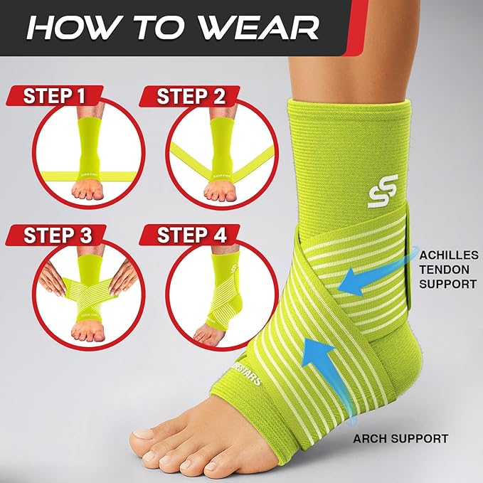 Sleeve Stars Ankle Brace for Women & Men, Ankle Wrap for Sprain, Compression Sleeve for Plantar Fasciitis Relief, Easy Customizable Support: w/ Removable Strap (Pair/M:10"-12"/Neon Green)