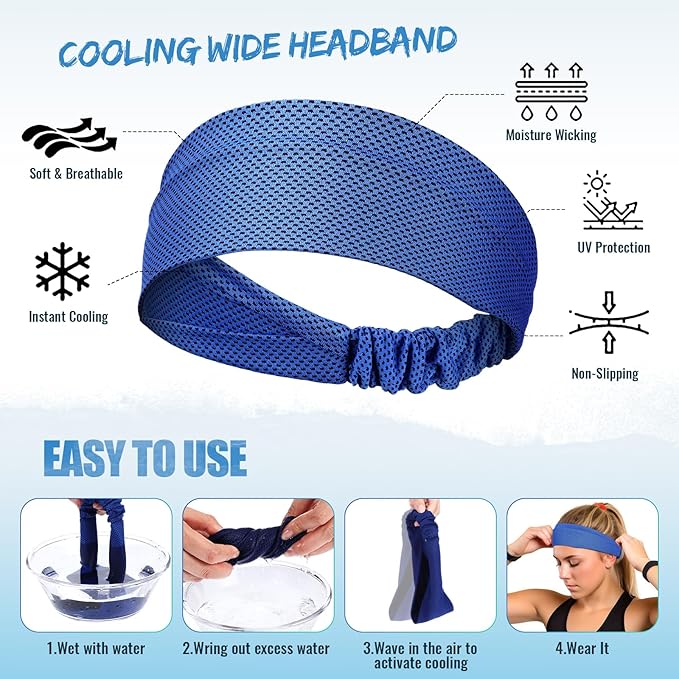 Coume 4 Pcs Cooling Headbands for Women Men Sweat Absorbing Headbands Stretchy Sports Hair Bands for Running, Yoga, Golf, Camping, Biking, Tennis