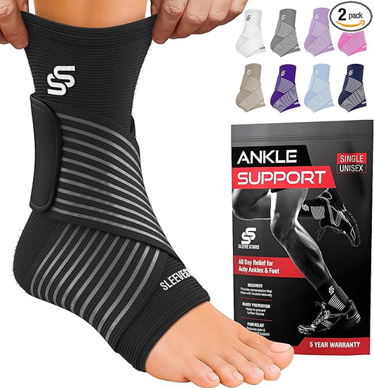 Sleeve Stars Ankle Brace for Women & Men, Ankle Wrap for Sprain, Compression Sleeve for Plantar Fasciitis Relief, Easy Customizable Support: w/ Removable Strap (Pair/M:10"-12"/Black)