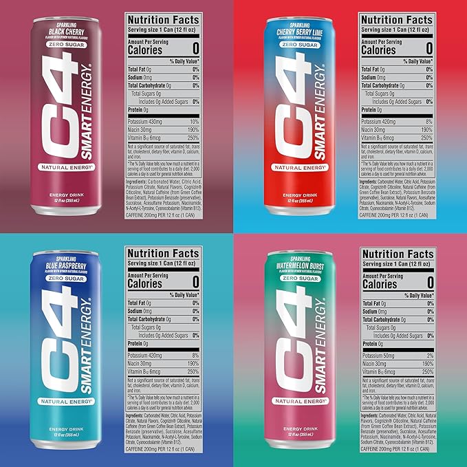 C4 Smart Energy Drinks Variety Pack Bundle (24 Pack) | 4 Flavor Tropical Oasis Variety 12 Pack + 4 Flavor Berry Breeze Variety 12 Pack