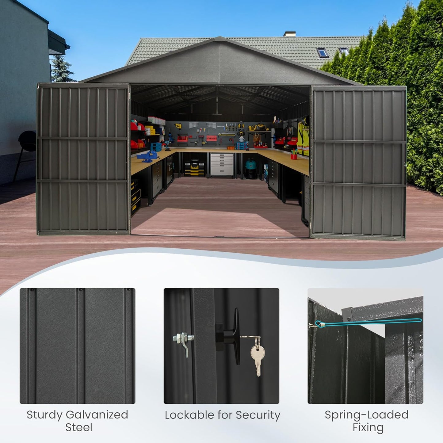 Domi 12'x20' Metal Garage Shed, Heavy Duty Outdoor Steel Carport with Lockable Double, Side Doors, 80MPH Wind and Snow Resistant Enclosed Storage for Cars, Trucks, Motorcycles, Tools, Dark Grey