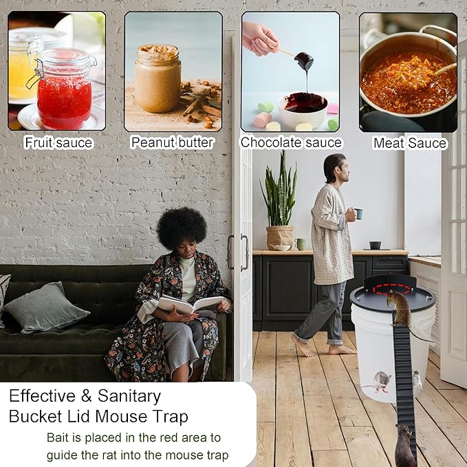 Bucket Lid Mouse Trap Metal 5 Gallon Bucket lid,Strong Metal Material That Cannot be Bitten, auto Reset, Repeat Catch, Indoor Outdoor, Reusable 5 Gallon Bucket Lid, (1Pack) (Black)