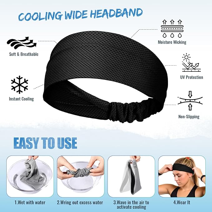Coume 4 Pcs Cooling Headbands for Women Men Sweat Absorbing Headbands Stretchy Sports Hair Bands for Running, Yoga, Golf, Camping, Biking, Tennis