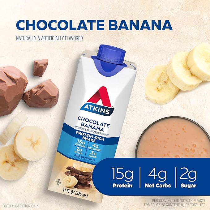 Atkins Chocolate Banana Protein Shake, 15g Protein, Low Glycemic, 4g Net Carb, 2g Sugar, Keto Friendly, 12 Count